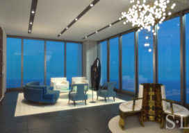 3D architectural rendering or living room at dusk of penthouse in the St. Regis Chicago skyscraper