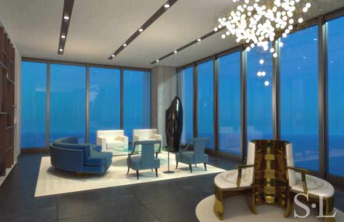 3D architectural rendering or living room at dusk of penthouse in the St. Regis Chicago skyscraper
