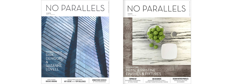 Covers of No Parallels magazine about the St. Regis Chicago skyscraper