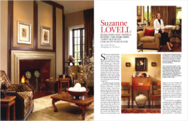 Architectural Digest magazine spread showing living room and entry hall and Suzanne Lovell's portrait