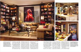 Magazine spread showing library, kitchen and dining table in Suzanne Lovell's Chicago townhome