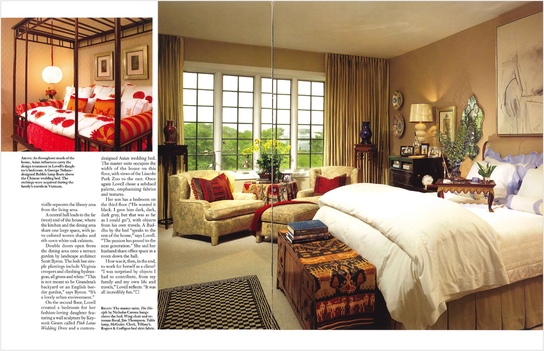 Magazine spread showing primary bedroom and daughter's bedroom in Suzanne Lovell's Chicago town house