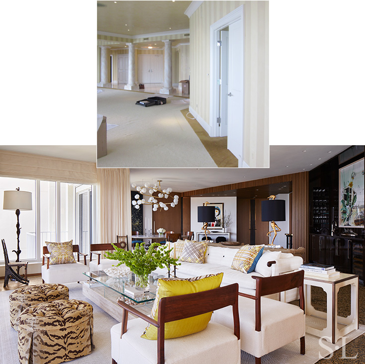 Before and after views of living room in Naples, FL penthouse