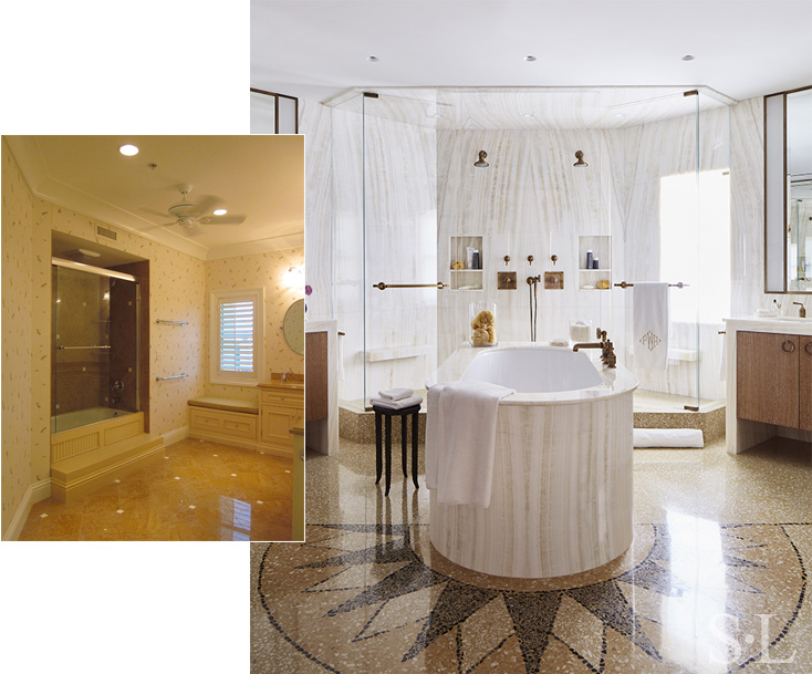 Before and after views of bathroom in Naples, FL penthouse