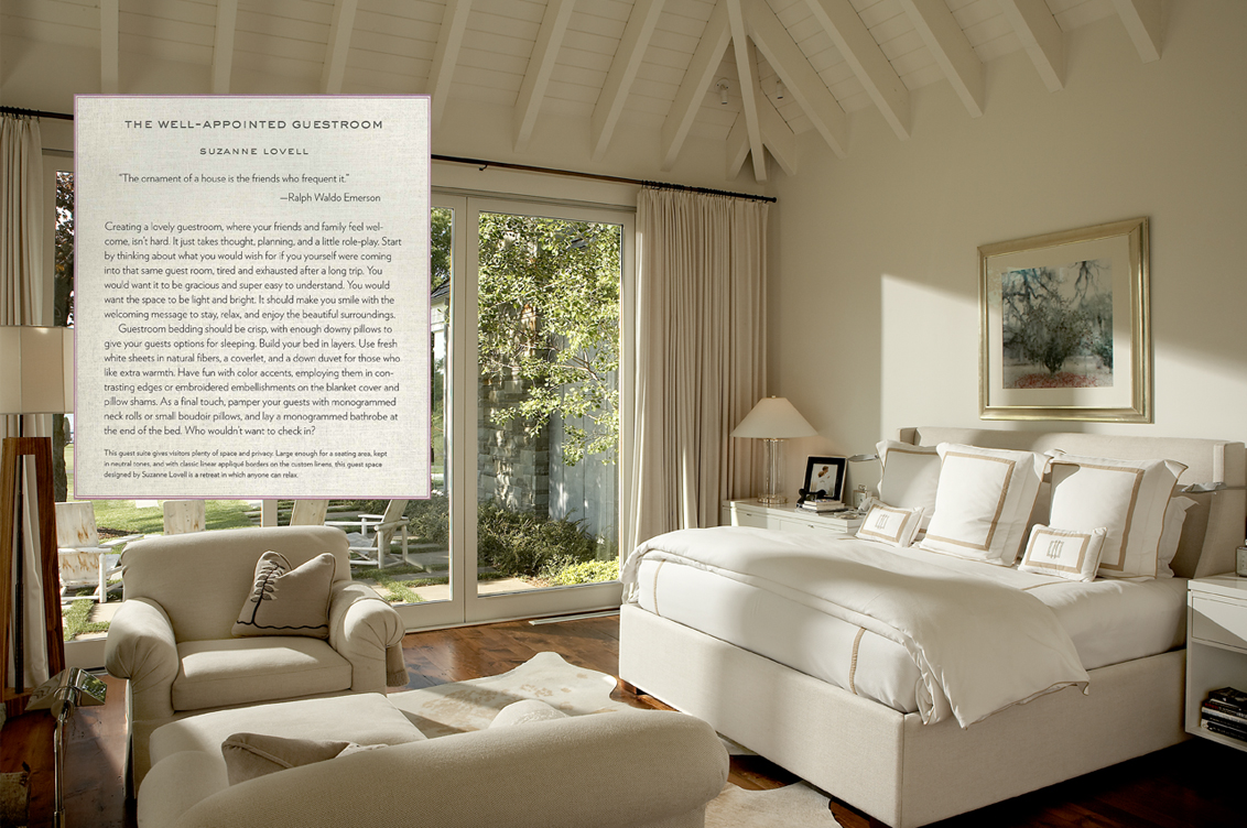 Book spread featuring a soft white bedroom in a lake house designed by Suzanne Lovell