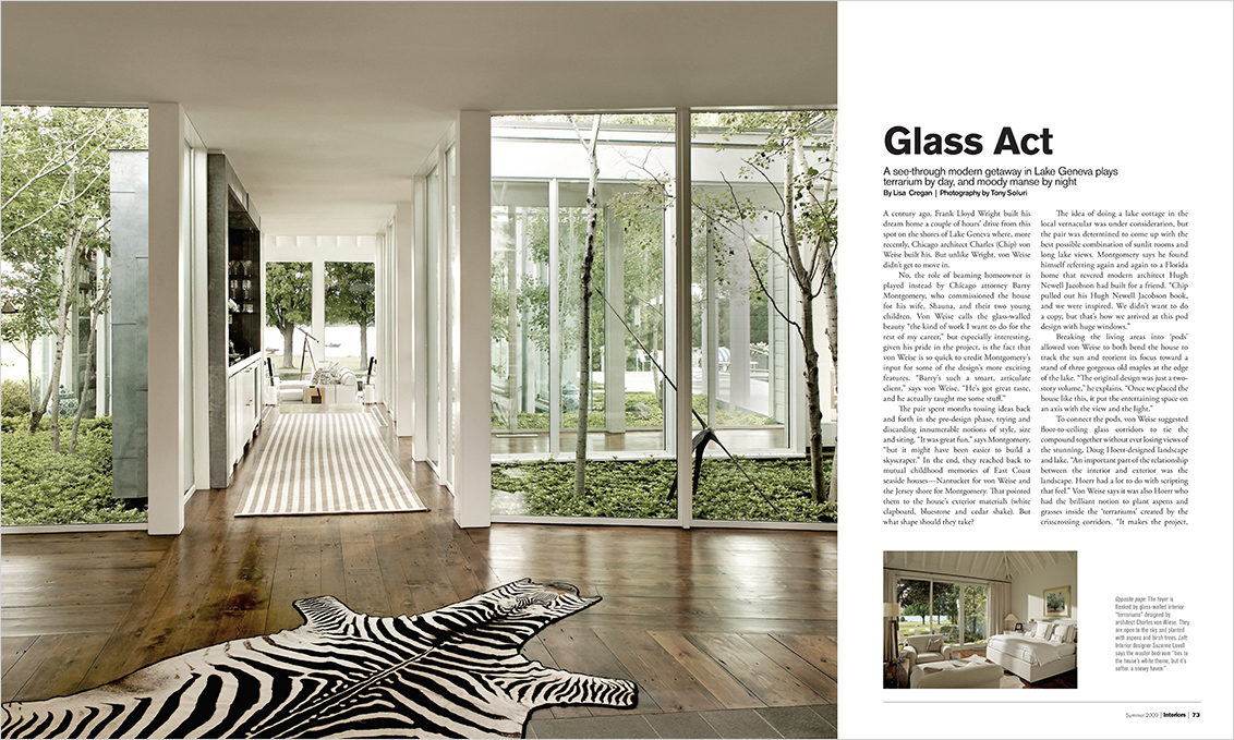Magazine spread showing view from front door through atriums and master bedroom