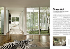 Magazine spread showing view from front door through atriums and master bedroom