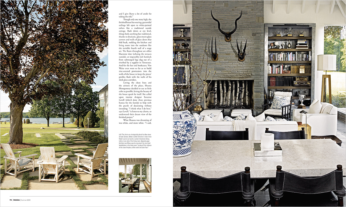 Magazine spread showing exterior view towards lake and great room