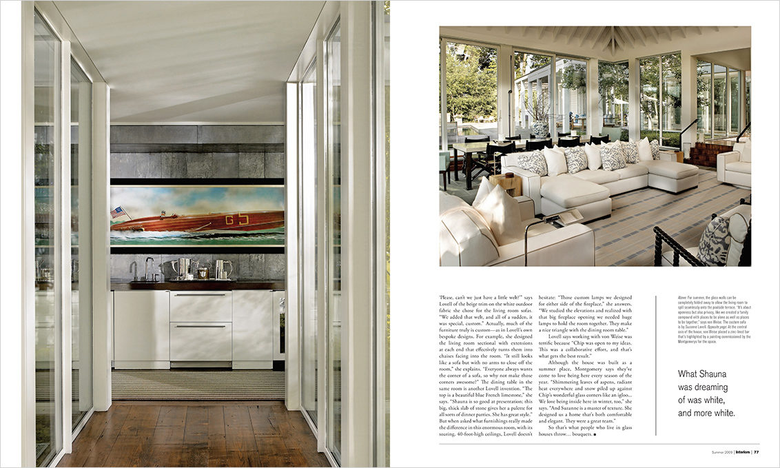 Magazine spread showing wet bar and great room view of dining room and swimming pool outside