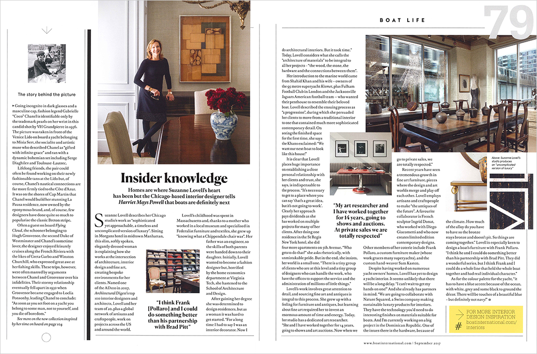 Boat International magazine spread showing portrait of Suzanne Lovell and various photos of her design studio and residential interiors projects