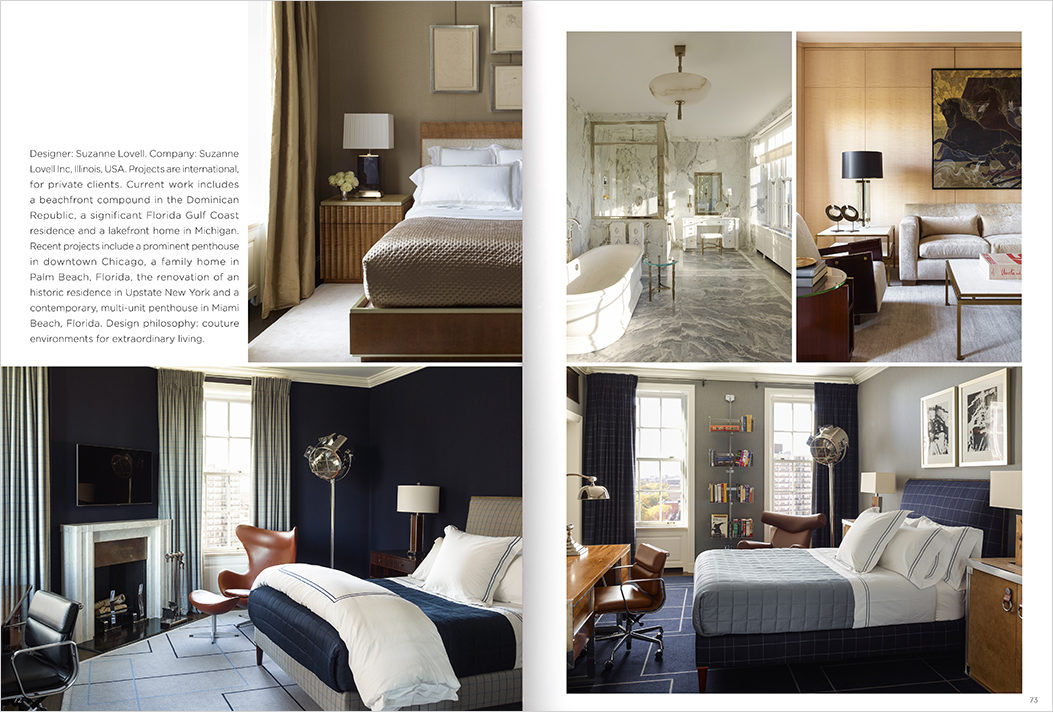 Andrew Martin Interior Design Review book spread featuring 4 rooms in Lakeview Residence designed by Suzanne Lovell Inc.