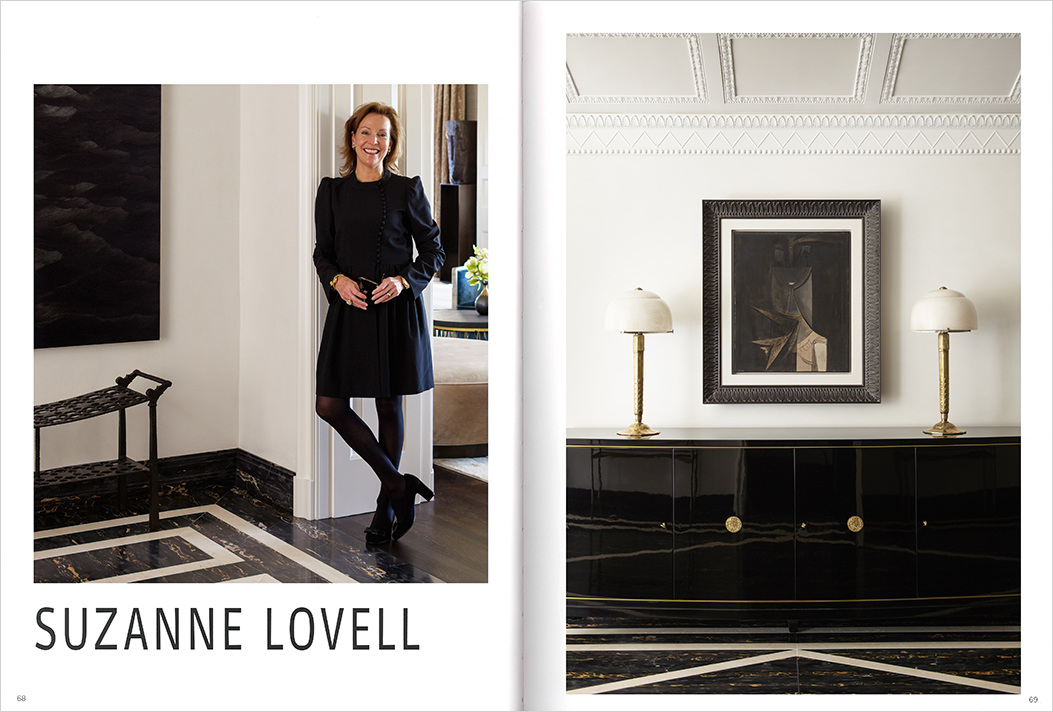 Andrew Martin Interior Design Review book spread featuring portrait of Suzanne Lovell and Lakeview Residence interior gallery that she designed