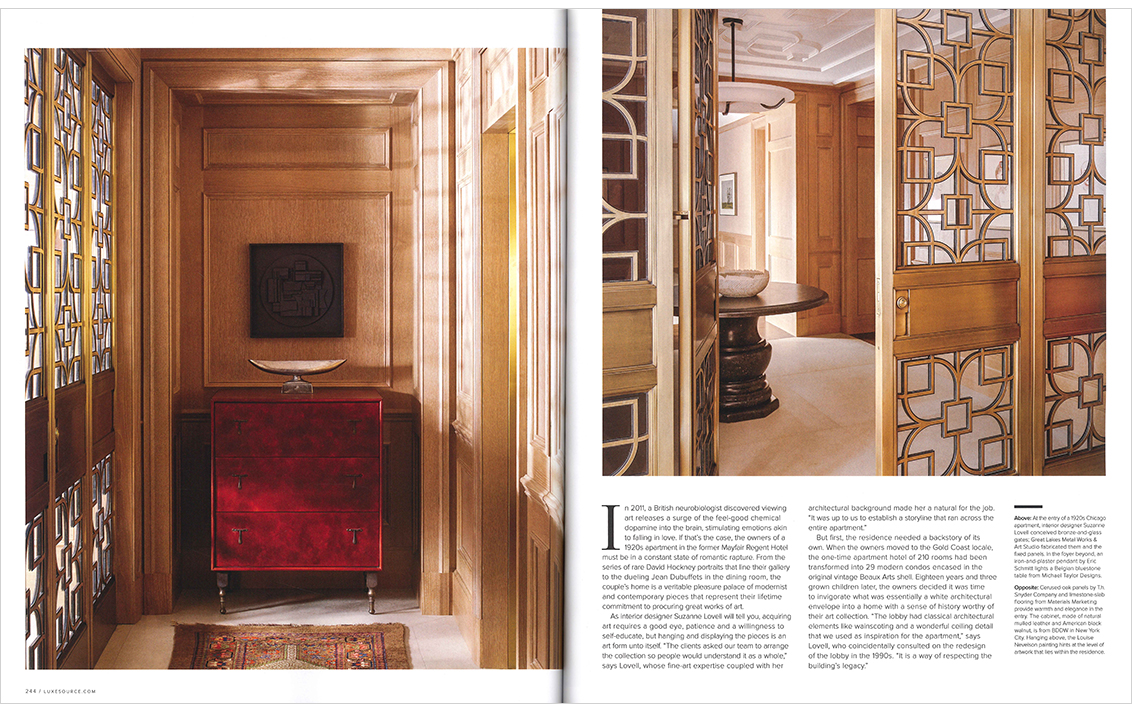 Luxe Chicago magazine spread showcasing entry and foyer with custom designed bronze and glass security gates, and artwork by Louise Nevelson