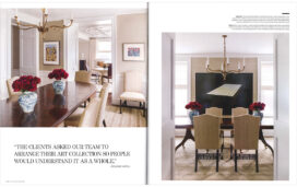 Luxe Chicago magazine spread showcasing 2 views of dining room featuring artwork by Jean Dubuffet