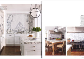 Luxe Chicago magazine spread showcasing 3 views of the kitchen, with 2 islands, marble and La Cornue range
