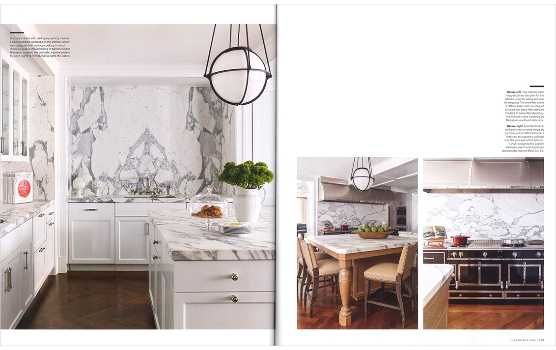 Luxe Chicago magazine spread showcasing 3 views of the kitchen, with 2 islands, marble and La Cornue range