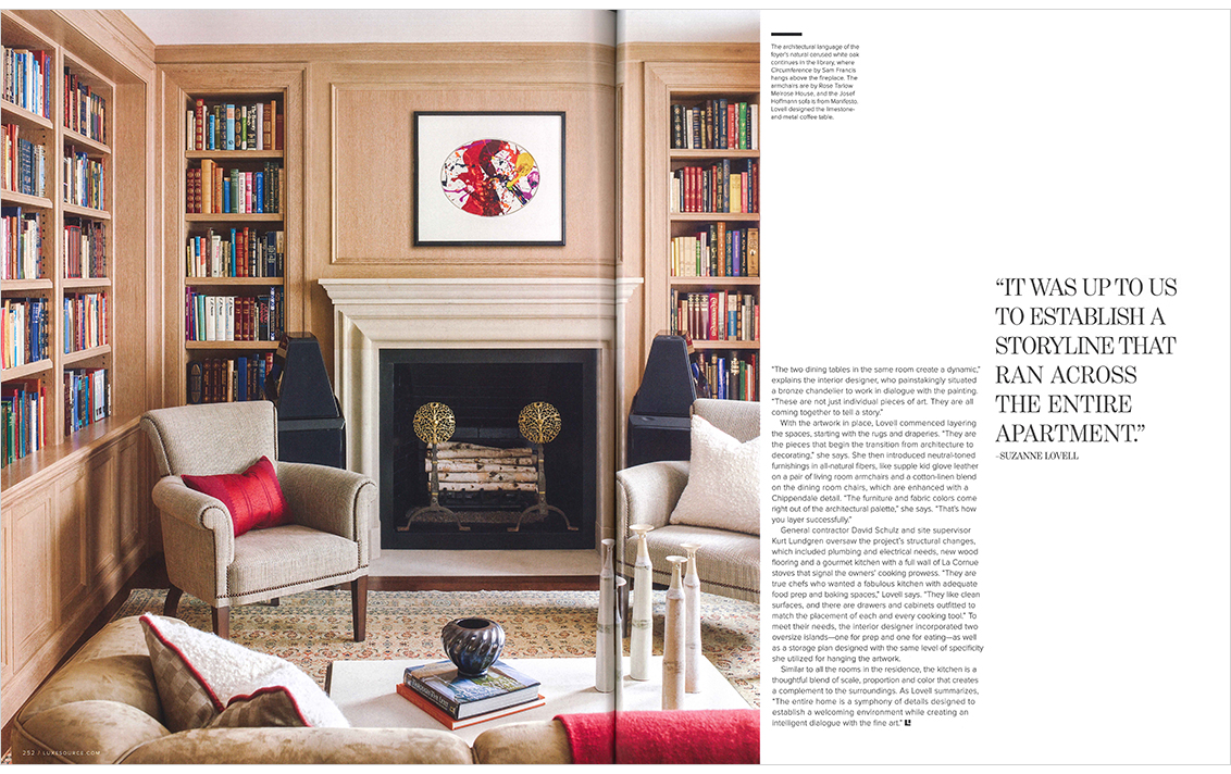 Luxe Chicago magazine spread showing library with cerused white oak paneling, fireplace and artwork by Sam Francix