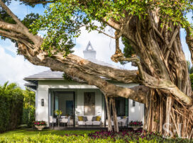 Exterior view of golf cottage in North Palm Beach and majestic banyan tree