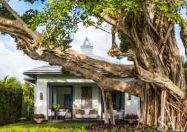 Exterior view of golf cottage in North Palm Beach and majestic banyan tree