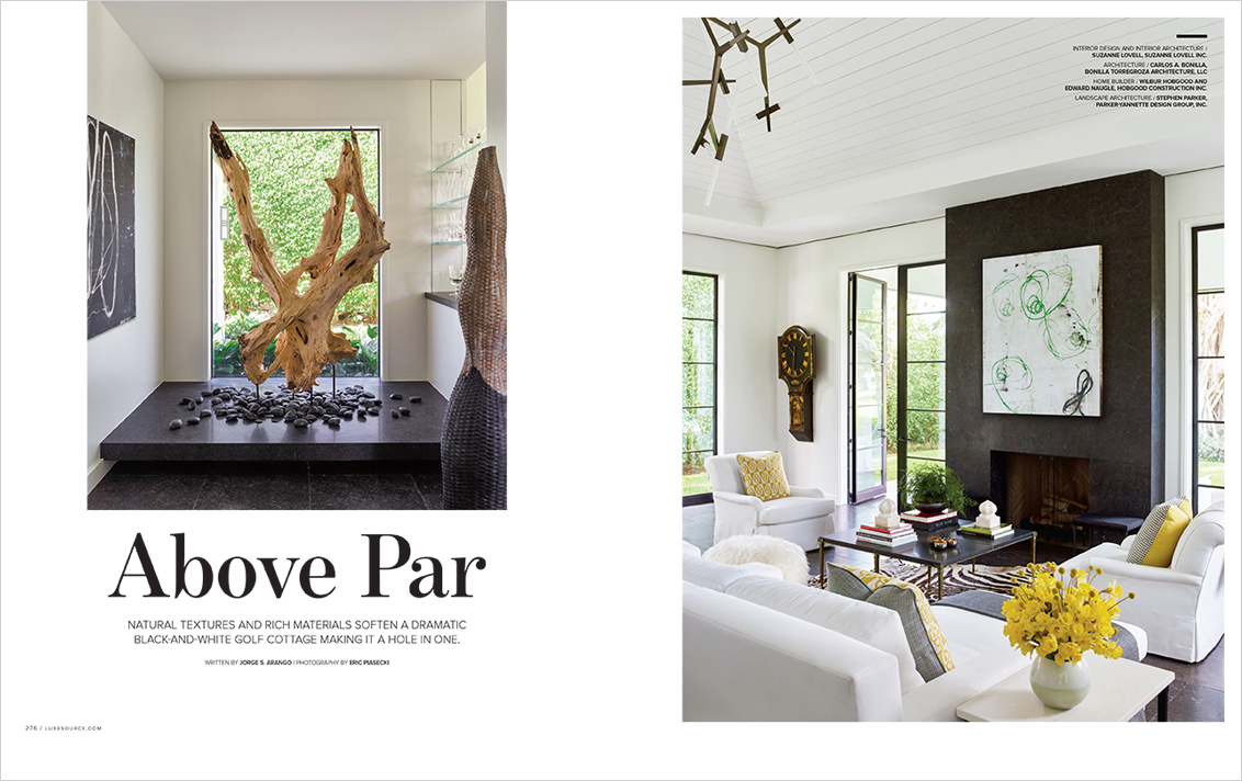 LUXE Magazine 2 page spread of Palm Beach golf cottage designed by Suzanne Lovell showing foyer and great room