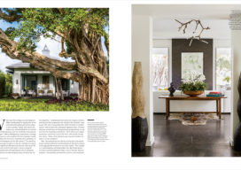 Ocean Home Magazine 2 page spread of Palm Beach golf cottage designed by Suzanne Lovell showing exterior and banyan tree, and great room fireplace