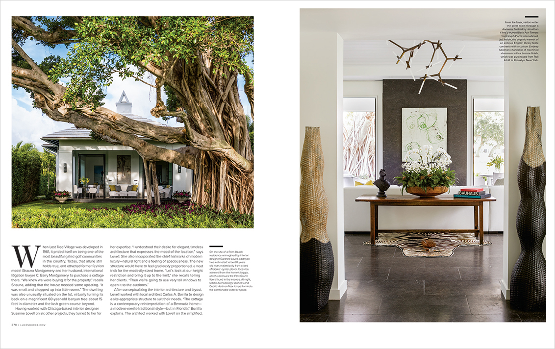 Ocean Home Magazine 2 page spread of Palm Beach golf cottage designed by Suzanne Lovell showing exterior and banyan tree, and great room fireplace