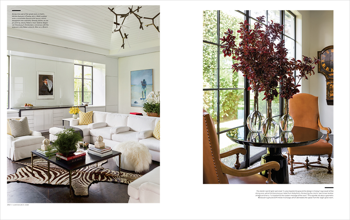 LUXE Magazine 2 page spread of Palm Beach golf cottage designed by Suzanne Lovell showing great room details