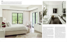 LUXE Magazine 2 page spread of Palm Beach golf cottage designed by Suzanne Lovell showing master bedroom and bath