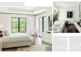 LUXE Magazine 2 page spread of Palm Beach golf cottage designed by Suzanne Lovell showing master bedroom and bath