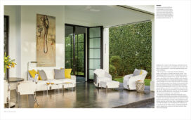 LUXE Magazine 2 page spread of Palm Beach golf cottage designed by Suzanne Lovell showing loggia and Hope’s French doors