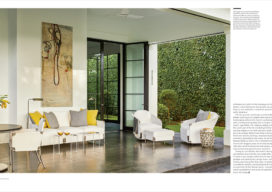 LUXE Magazine 2 page spread of Palm Beach golf cottage designed by Suzanne Lovell showing loggia and Hope’s French doors