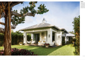 LUXE Magazine 2 page spread of Palm Beach golf cottage designed by Suzanne Lovell showing exterior view
