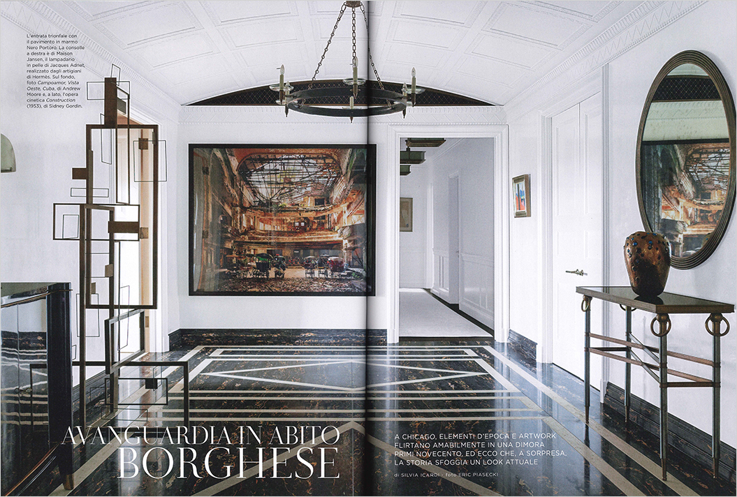 Marie Claire Maison, Italy, magazine 2 page spread picturing entry gallery of Lakeview Residence interior renovation