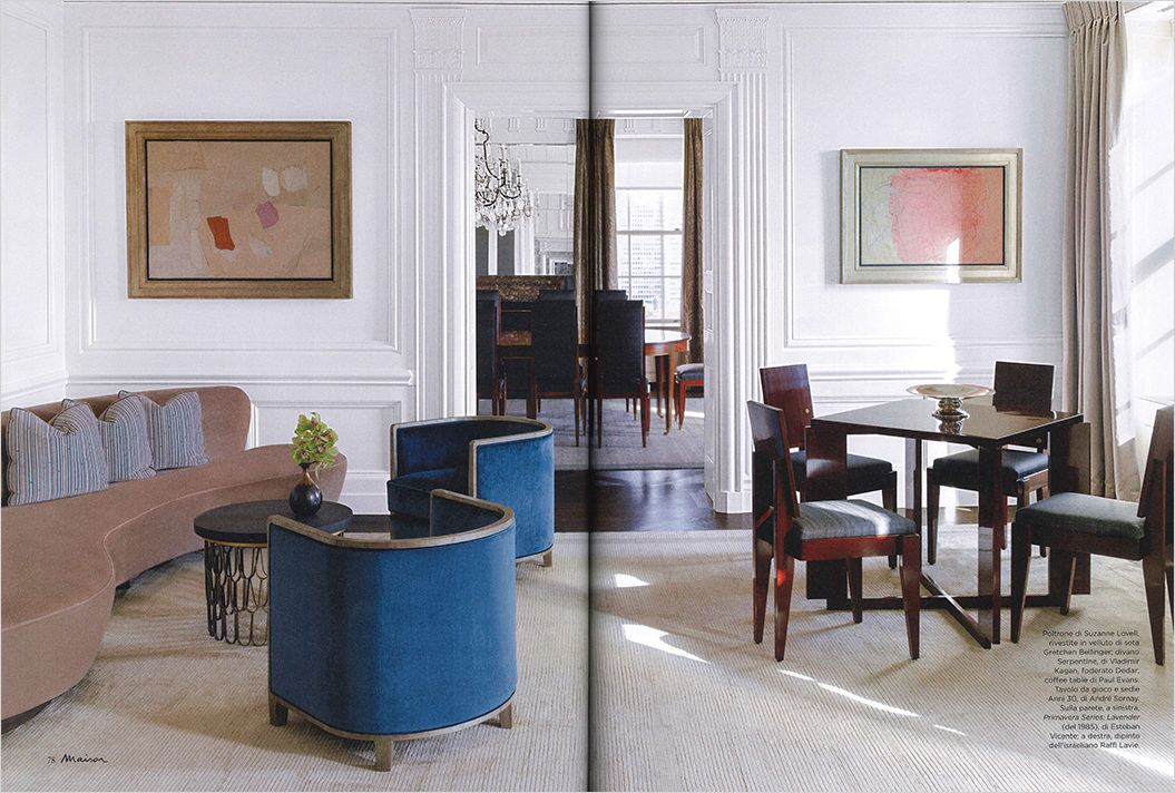 Marie Claire Maison, Italy, magazine 2 page spread picturing living room of Lakeview Residence interior renovation