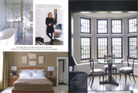 Marie Claire Maison, Italy, magazine 2 page spread picturing master bath and bedroom, library window detail and portrait of Suzanne Lovell in gallery of Lakeview Residence interior renovation