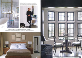 Marie Claire Maison, Italy, magazine 2 page spread picturing master bath and bedroom, library window detail and portrait of Suzanne Lovell in gallery of Lakeview Residence interior renovation