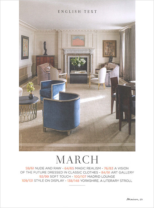 Marie Claire Maison, Italy, magazine page picturing living room of Lakeview Residence interior renovation