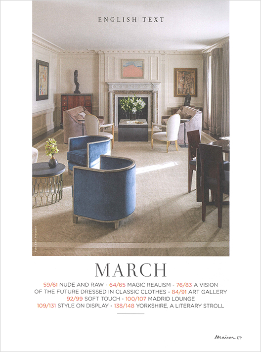 Marie Claire Maison, Italy, magazine page picturing living room of Lakeview Residence interior renovation