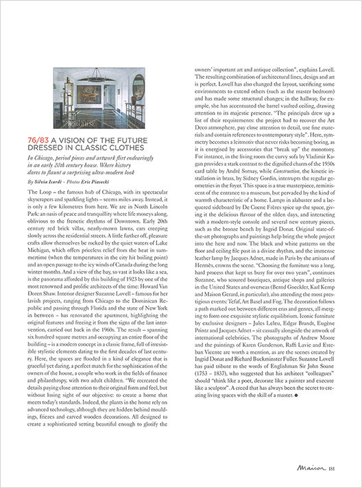 Marie Claire Maison, Italy, magazine page picturing entry gallery of Lakeview Residence interior renovation, and article copy in English
