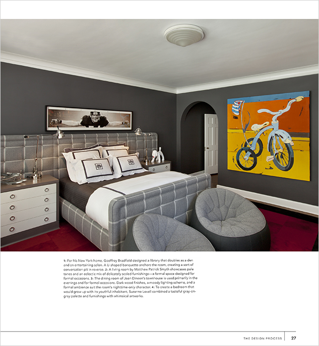 NYSID book layout featuring boy’s bedroom in gray-on-gray color palette and whimsical artwork
