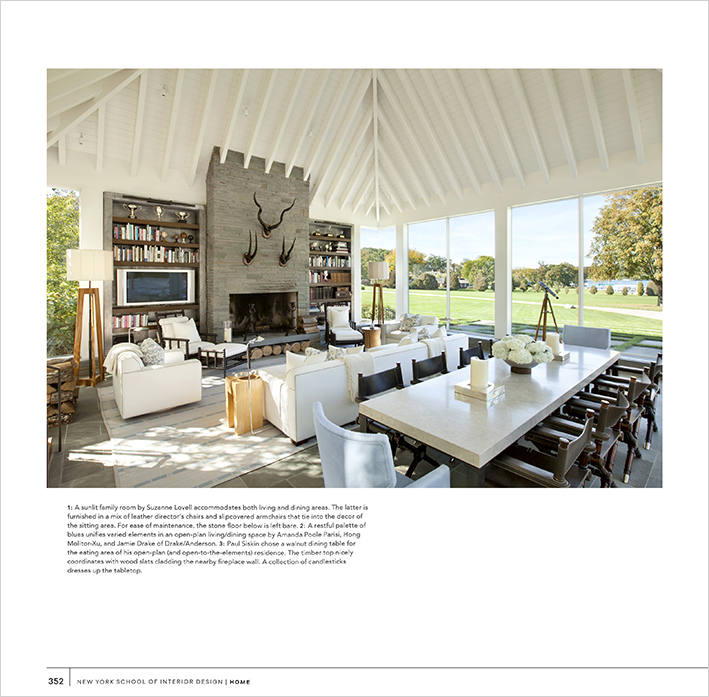 NYSID book layout featuring Lake House great room designed by Suzanne Lovell Inc. with full-height window walls