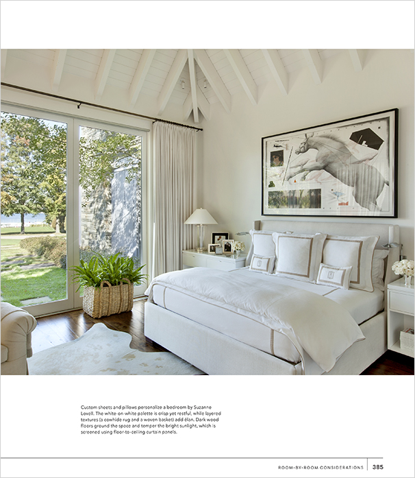 NYSID book layout featuring Lake House bedroom with white-on-white palette and dark wood floors