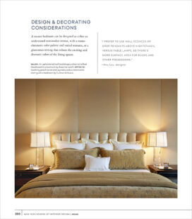 NYSID book layout featuring bedroom with upholstered walls and headboard in pale yellows