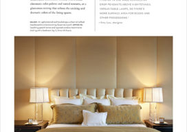NYSID book layout featuring bedroom with upholstered walls and headboard in pale yellows