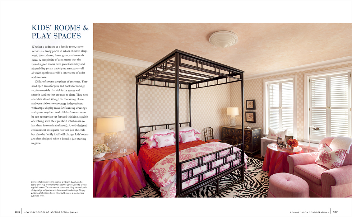 NYSID book layout featuring a girl’s bedroom with crimson fabrics and a zebra-print area rug