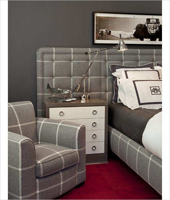 NYSID book layout featuring a boy’s bedroom details with bed frame and club chair upholstered in gray plaid