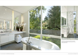 NYSID book layout featuring Lake House bathroom, with sitting tub next to a large window, and marble shower