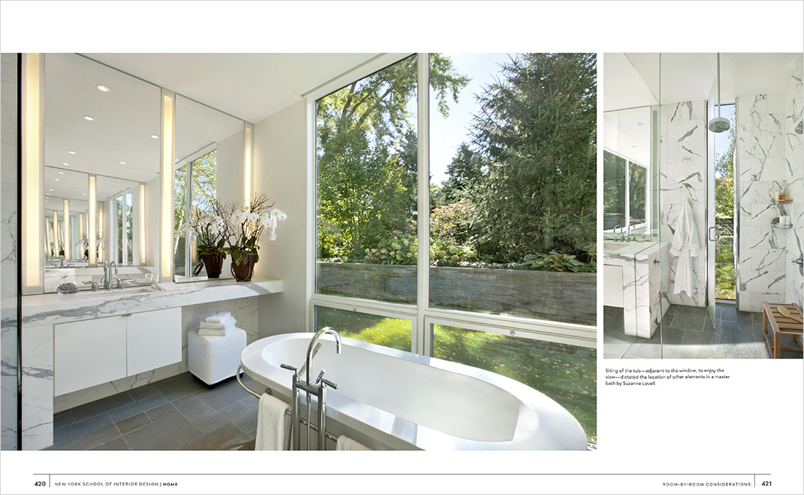 NYSID book layout featuring Lake House bathroom, with sitting tub next to a large window, and marble shower