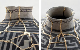 Ancestral Puebloan water vessel after it was kintsugi - repaired with 24k gold leaf