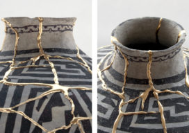 Ancestral Puebloan water vessel after it was kintsugi - repaired with 24k gold leaf